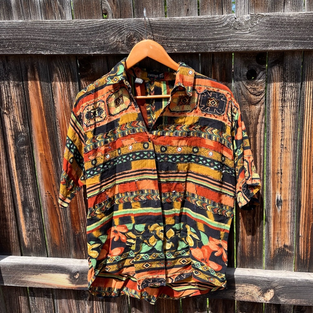 Thums Up • Vibrant Orange and Yellow Blouse with Tropical Patterns